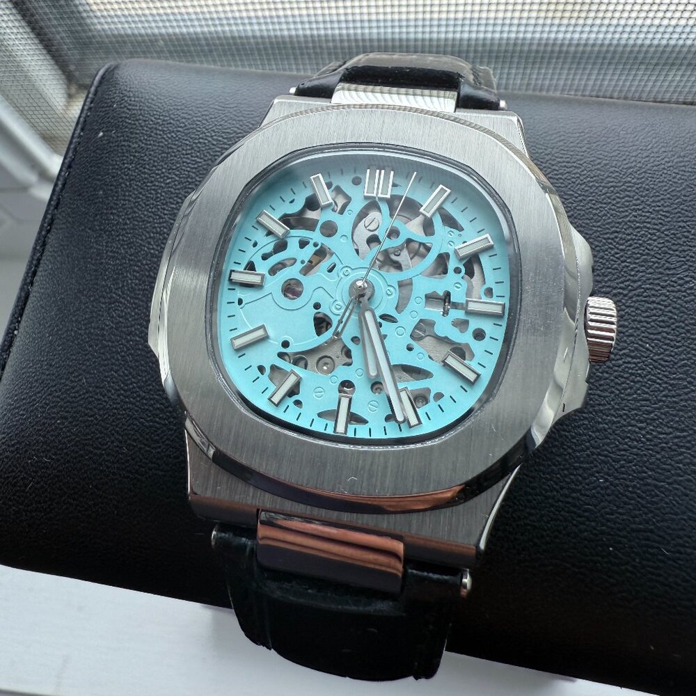 seiko mod tiffany blue skeleton nautilus automatic watch